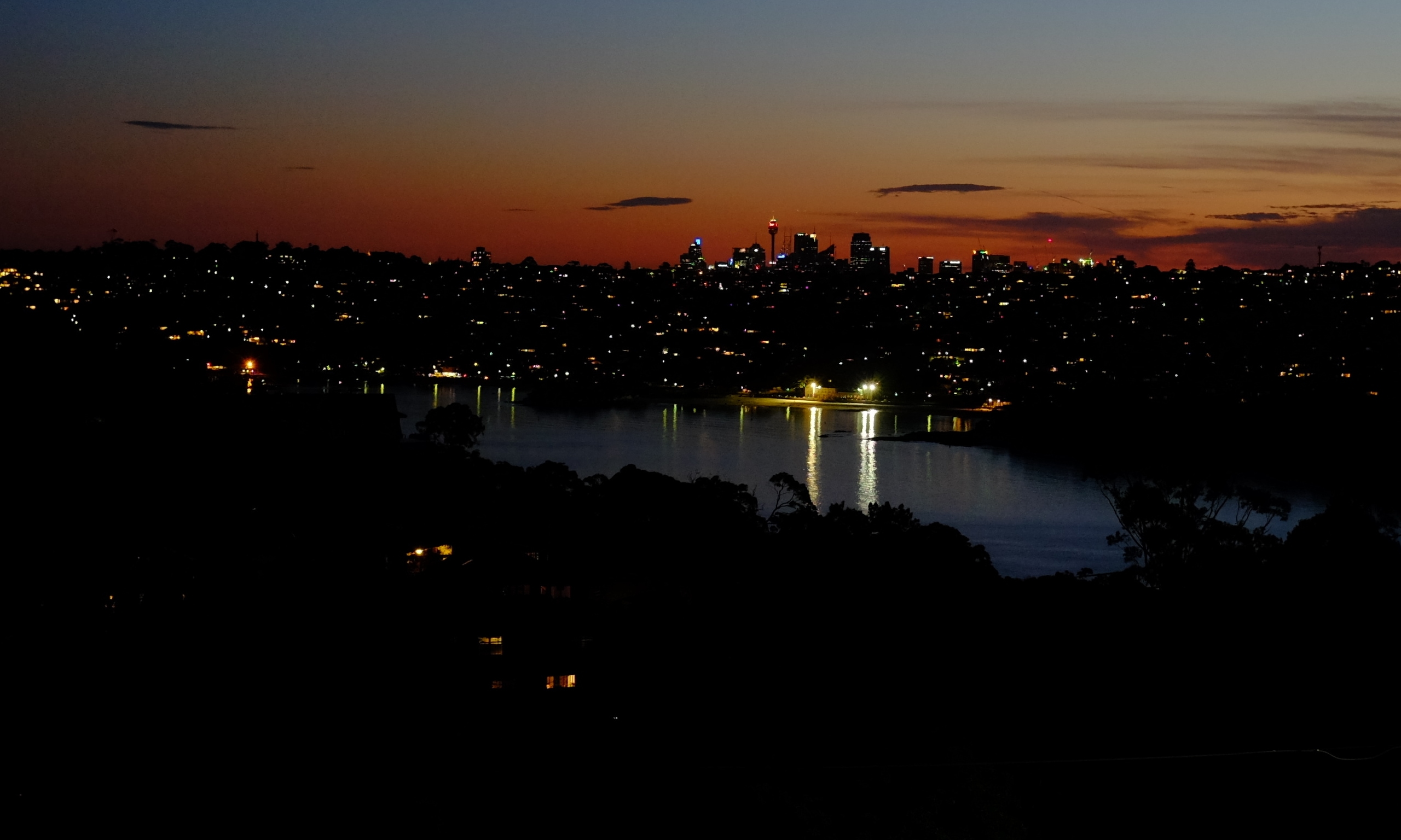 front page view of Sydney's middle harbour at dusk